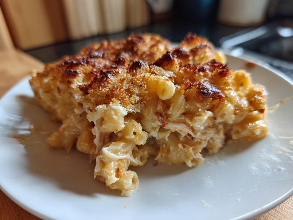 A close-up serving of creamy Lobster mac and cheese featuring elbow macaroni, visible lobster pieces, and a golden, crispy breadcrumb topping.