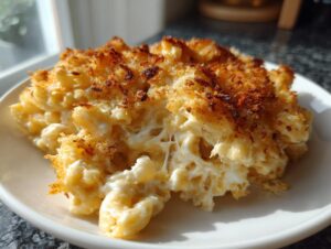 A close-up of a serving of creamy baked mac and cheese with a golden, crispy breadcrumb topping.