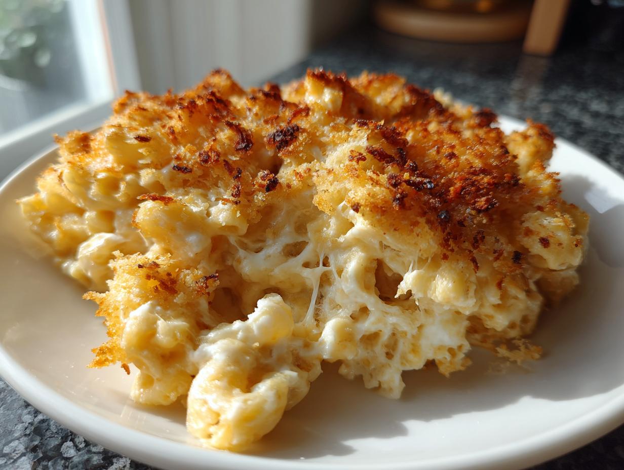 A close-up of a serving of creamy baked mac and cheese with a golden, crispy breadcrumb topping.