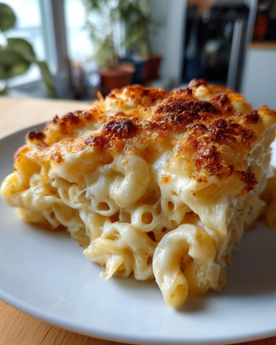 A close-up of a thick, cheesy slice of baked mac and cheese showing gooey interior and a golden-brown crust.