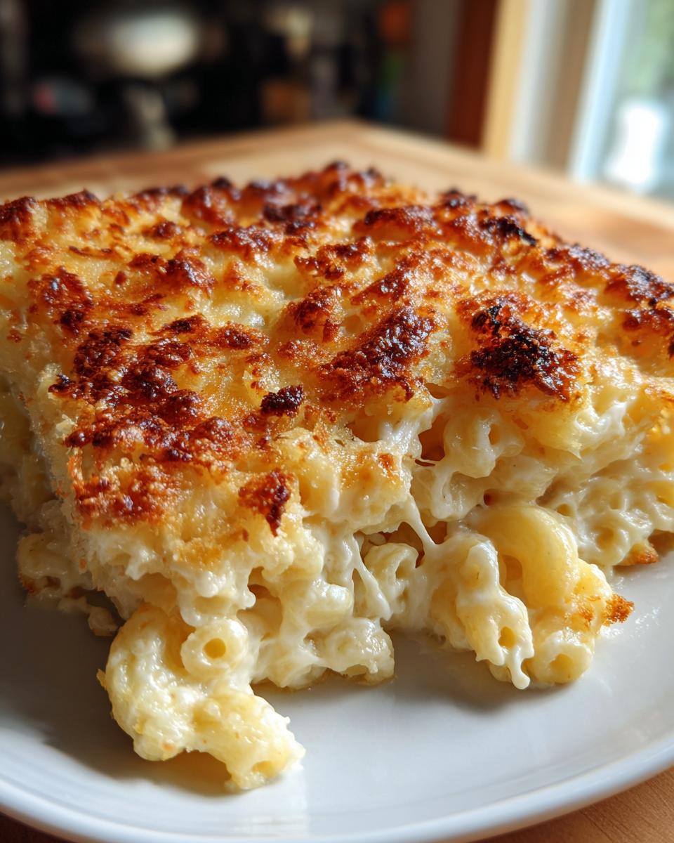 Close-up of a square slice of creamy baked mac and cheese showing gooey interior and a deeply browned, crispy cheese topping.