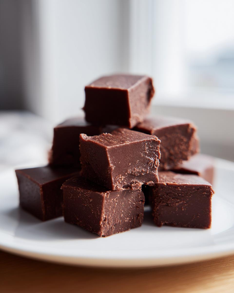 A tempting stack of rich, dark chocolate fudge cubes resting on a white plate.