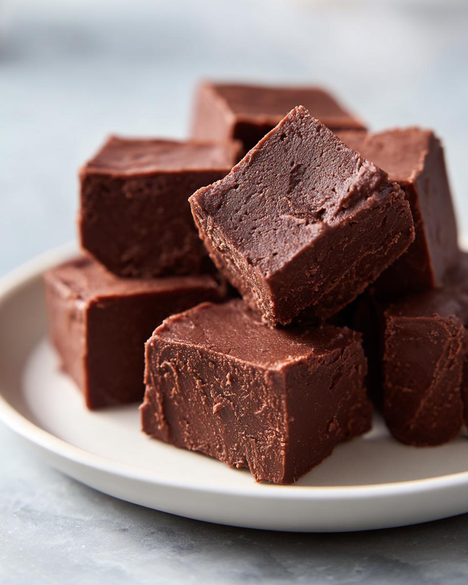 A stack of rich, dense squares of dark chocolate fudge resting on a white plate.