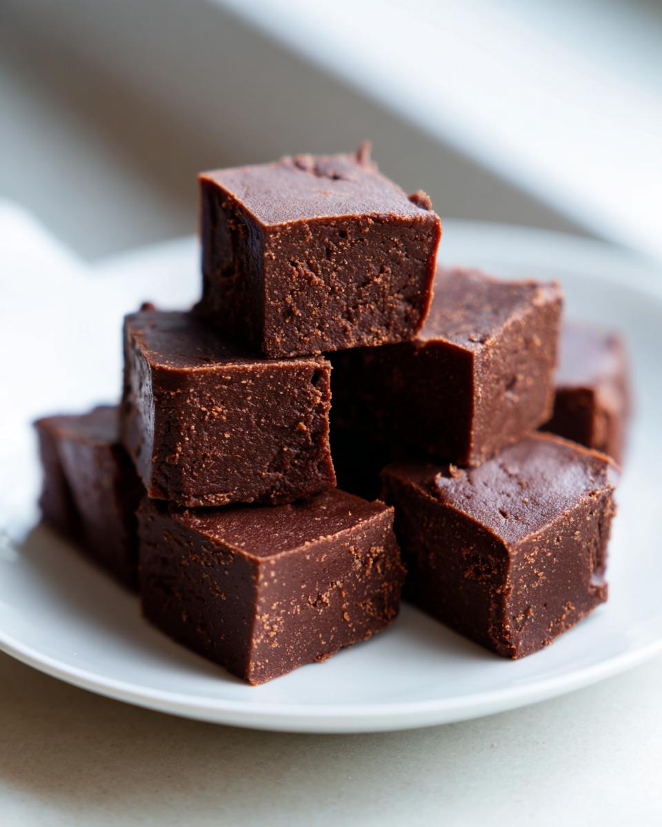 A small stack of rich, dense dark chocolate fudge squares piled on a white plate.