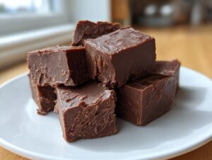 A stack of rich, dark chocolate fudge squares resting on a small white plate, ready to eat.