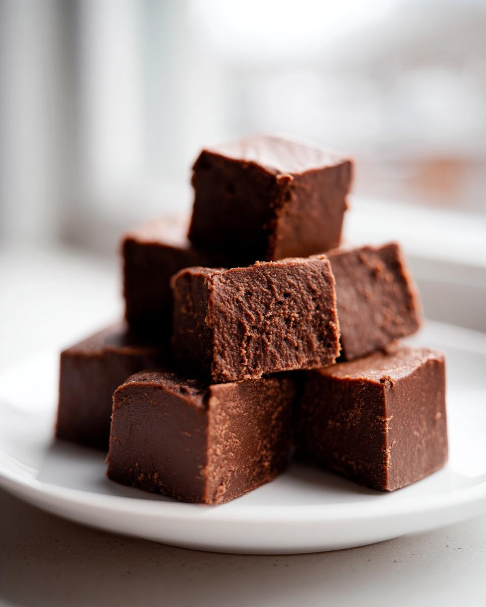 A stack of homemade, rich dark chocolate fudge cubes resting on a white plate near a bright window.