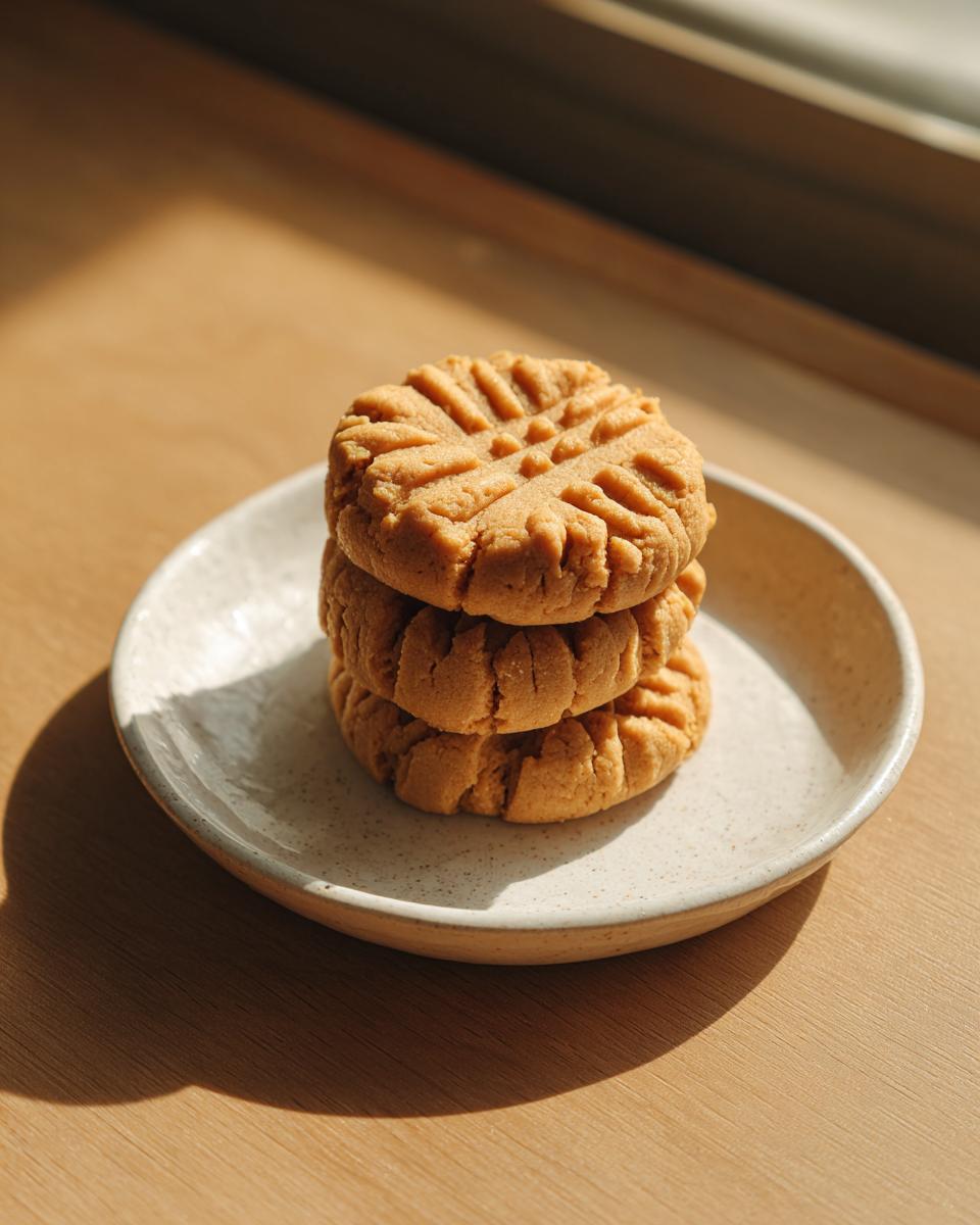 A stack of three classic peanut butter cookies with fork marks, sitting on a speckled white plate.