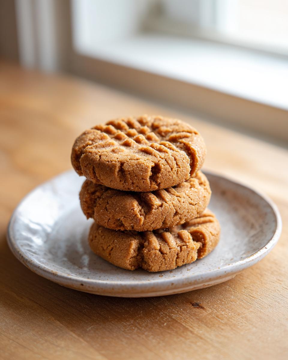 Three perfectly formed 3 ingredient peanut butter cookies stacked on a small, rustic plate.