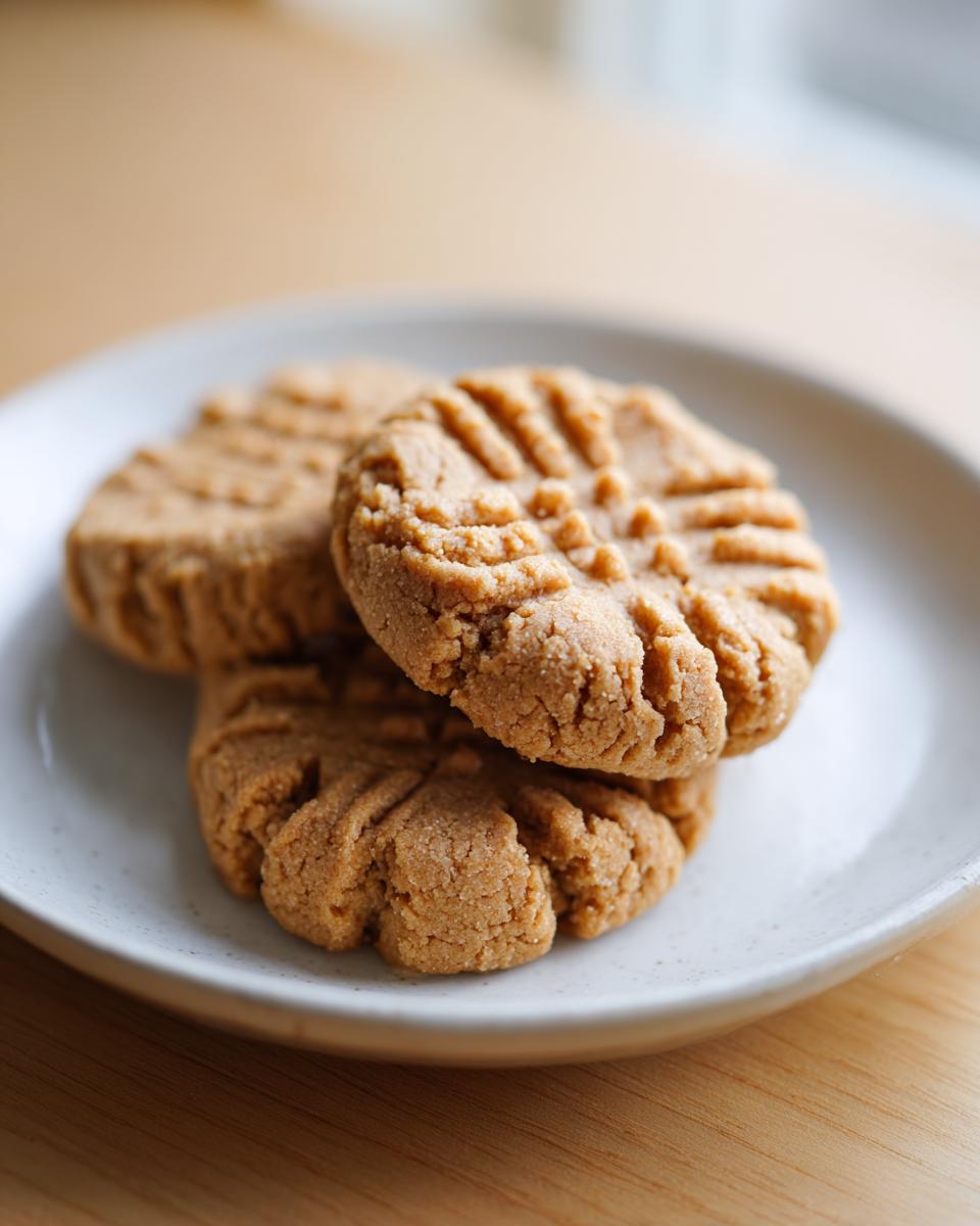 Three classic 3 ingredient peanut butter cookie treats stacked on a small white plate.