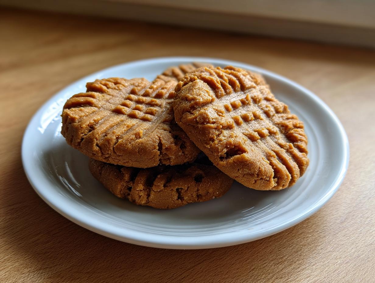 A stack of three freshly baked 3 ingredient peanut butter cookie treats with classic fork marks on a small white plate.