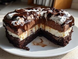 A decadent cross-section view of a 3-layer chocolate ice cream cake showing brownie base, vanilla layer, chocolate layer, and chocolate fudge topping.