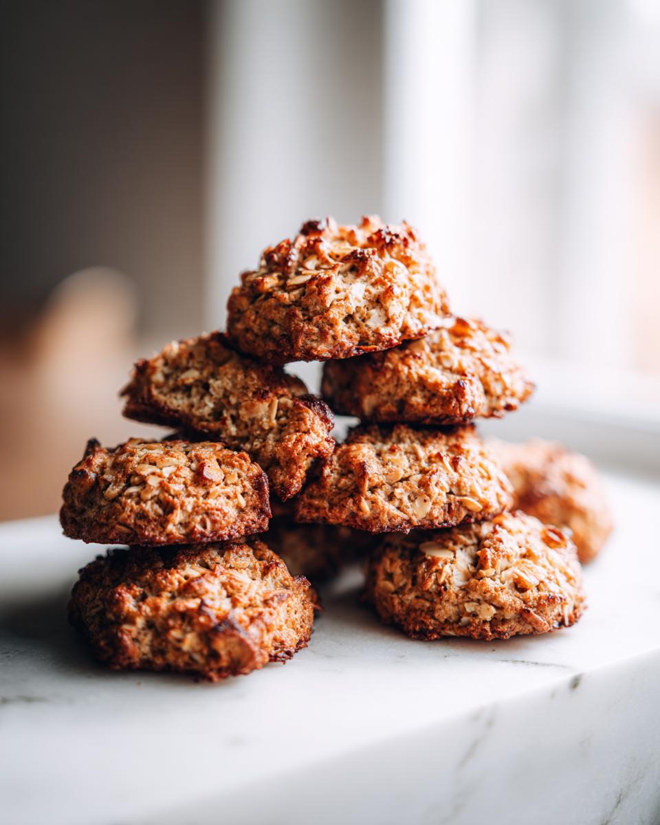 A pyramid stack of golden brown, textured almond macaroon cookies resting on a white marble surface.