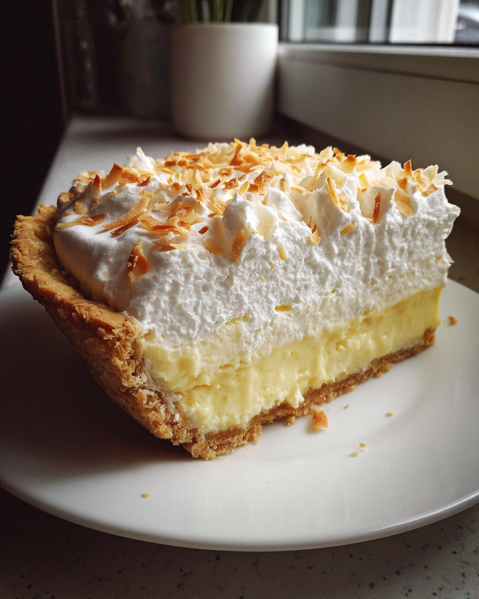 A tall slice of amazing Coconut cream pie featuring a thick custard layer, whipped cream, and toasted coconut flakes.