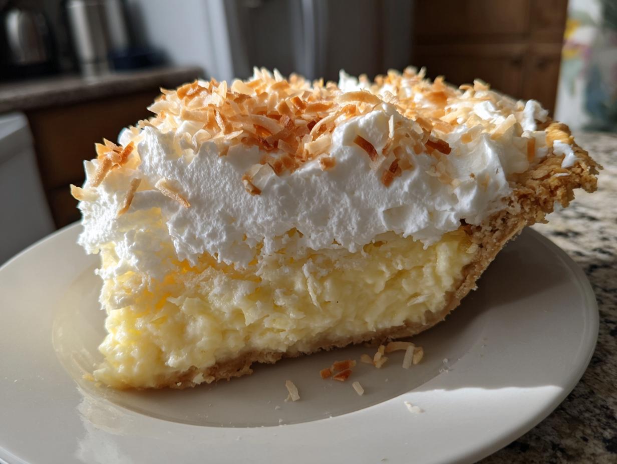 A close-up slice of amazing Coconut cream pie featuring thick custard, whipped cream, and toasted coconut flakes.