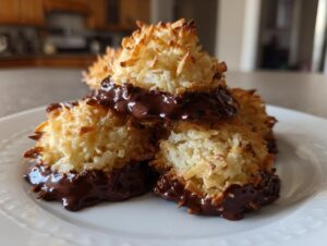 A stack of golden brown coconut macaroon cookies dipped in melted dark chocolate, resting on a white plate.