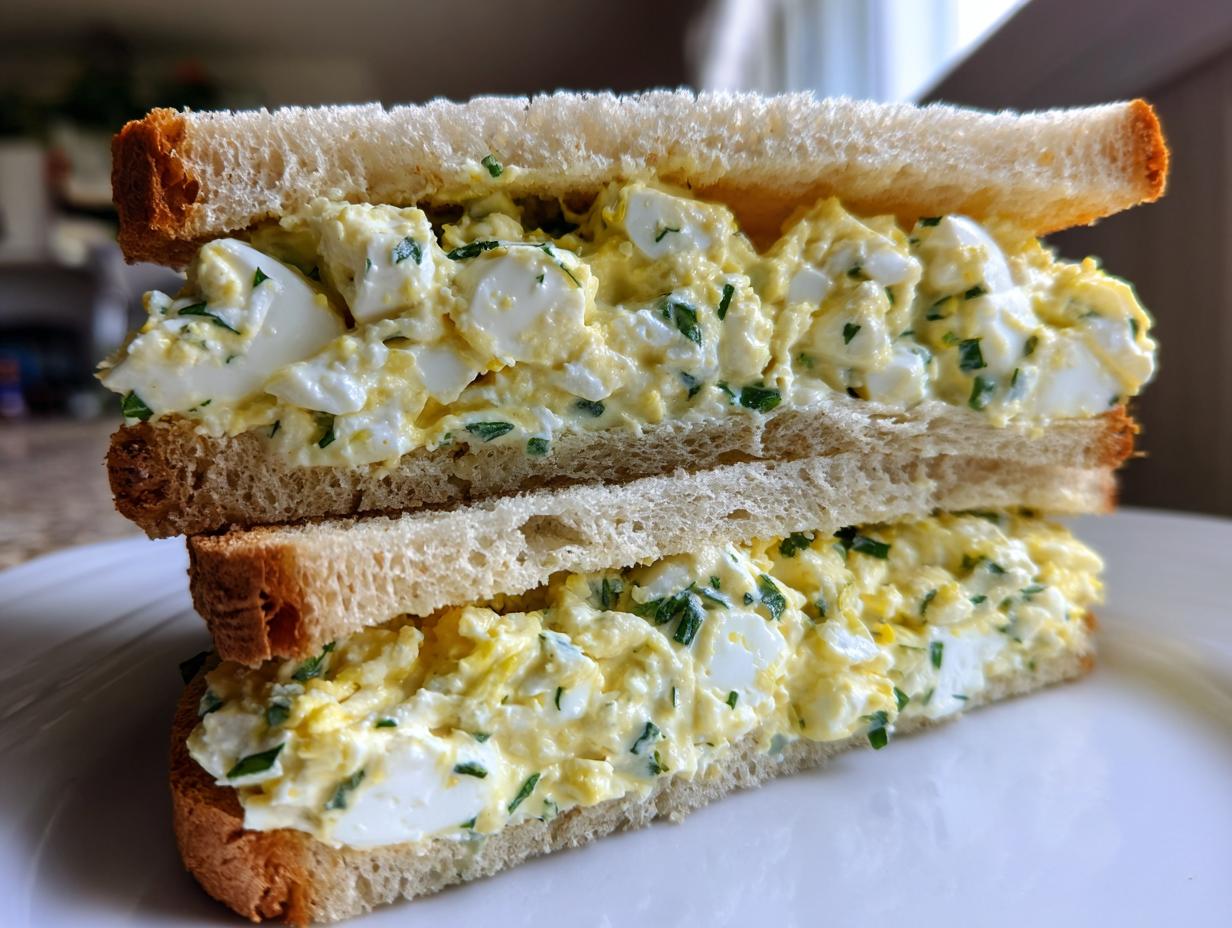 A close-up of a delicious egg salad sandwich cut in half, showing chunky egg filling with herbs between toasted bread slices.