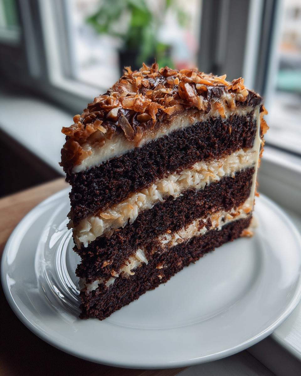 A tall slice of rich German chocolate cake with three dark layers and coconut pecan frosting, topped with toasted coconut.