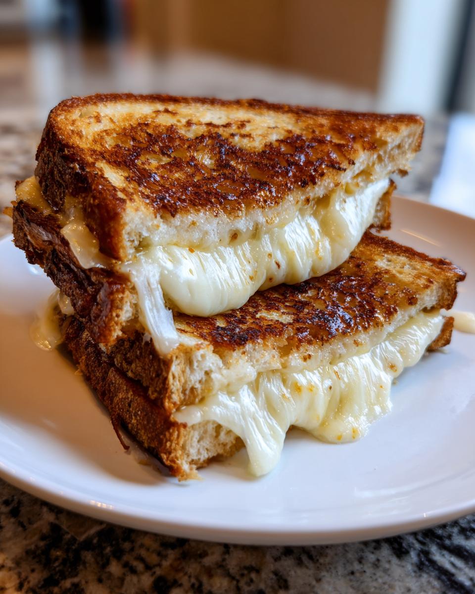 Two halves of a perfectly golden brown grilled cheese sandwich stacked, showing extreme cheese pull.