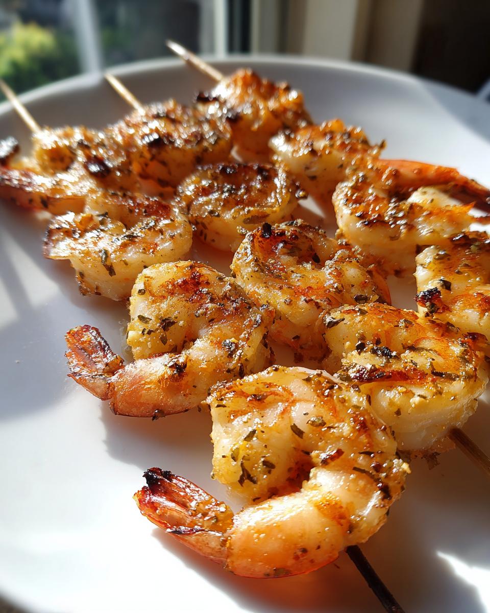 Close-up of several perfectly cooked grilled shrimp skewer pieces seasoned with herbs, resting on a white plate.