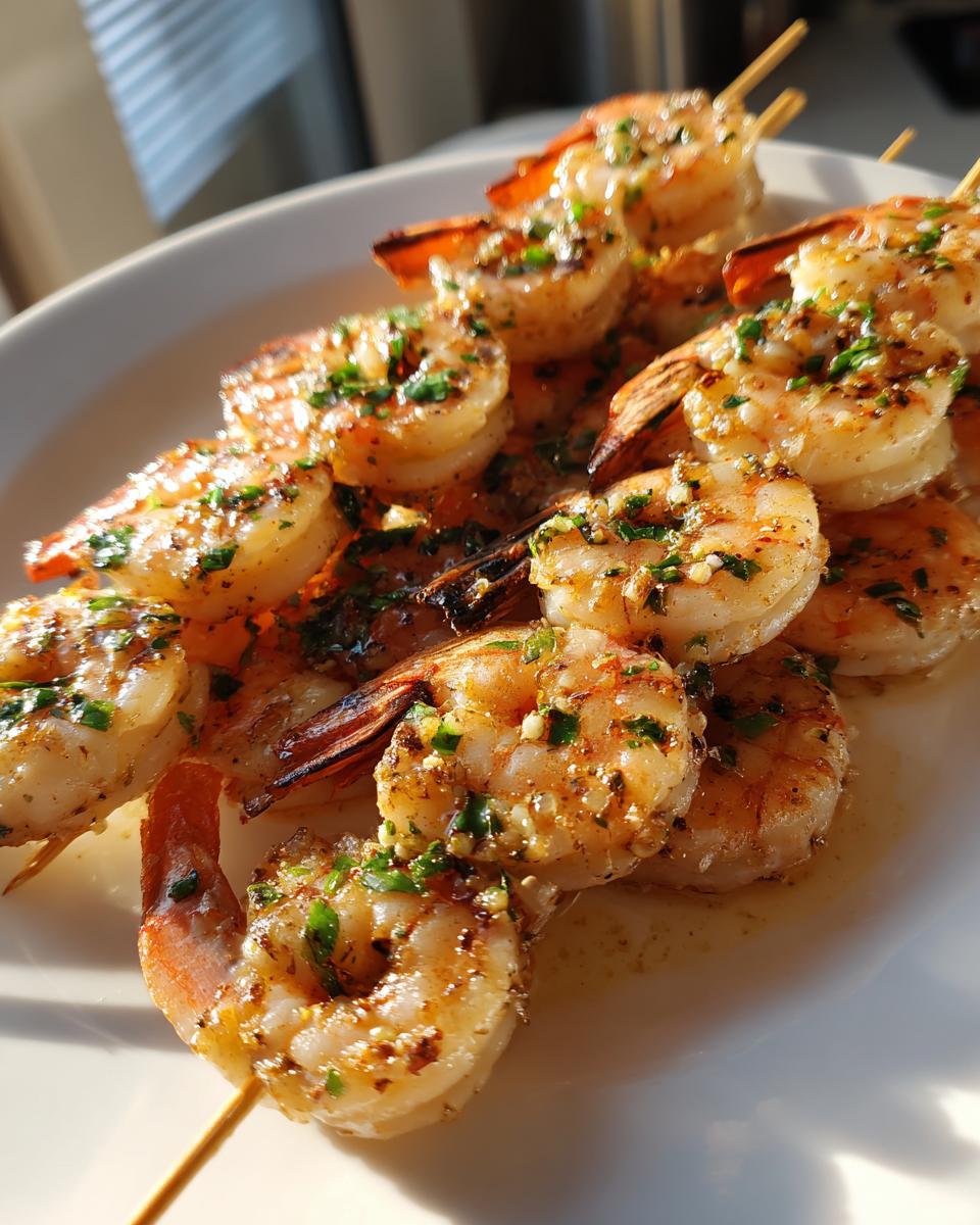 Close-up of several juicy, seasoned grilled shrimp skewer pieces glistening with butter and parsley.