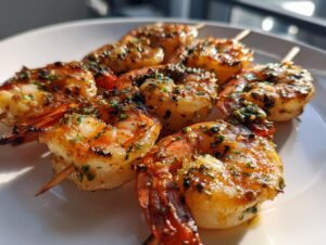Close-up of perfectly cooked grilled shrimp skewer pieces glistening with a savory herb marinade.