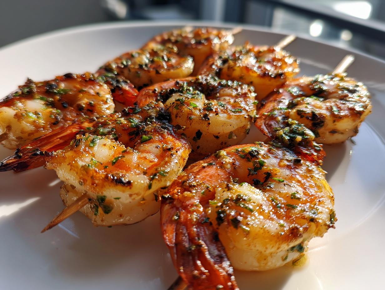 Close-up of perfectly cooked grilled shrimp skewer pieces glistening with a savory herb marinade.
