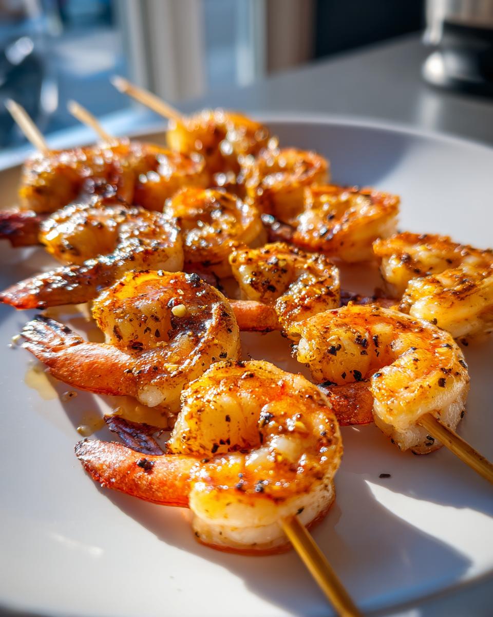 Close-up of several perfectly cooked, seasoned grilled shrimp skewer pieces resting on a white plate.