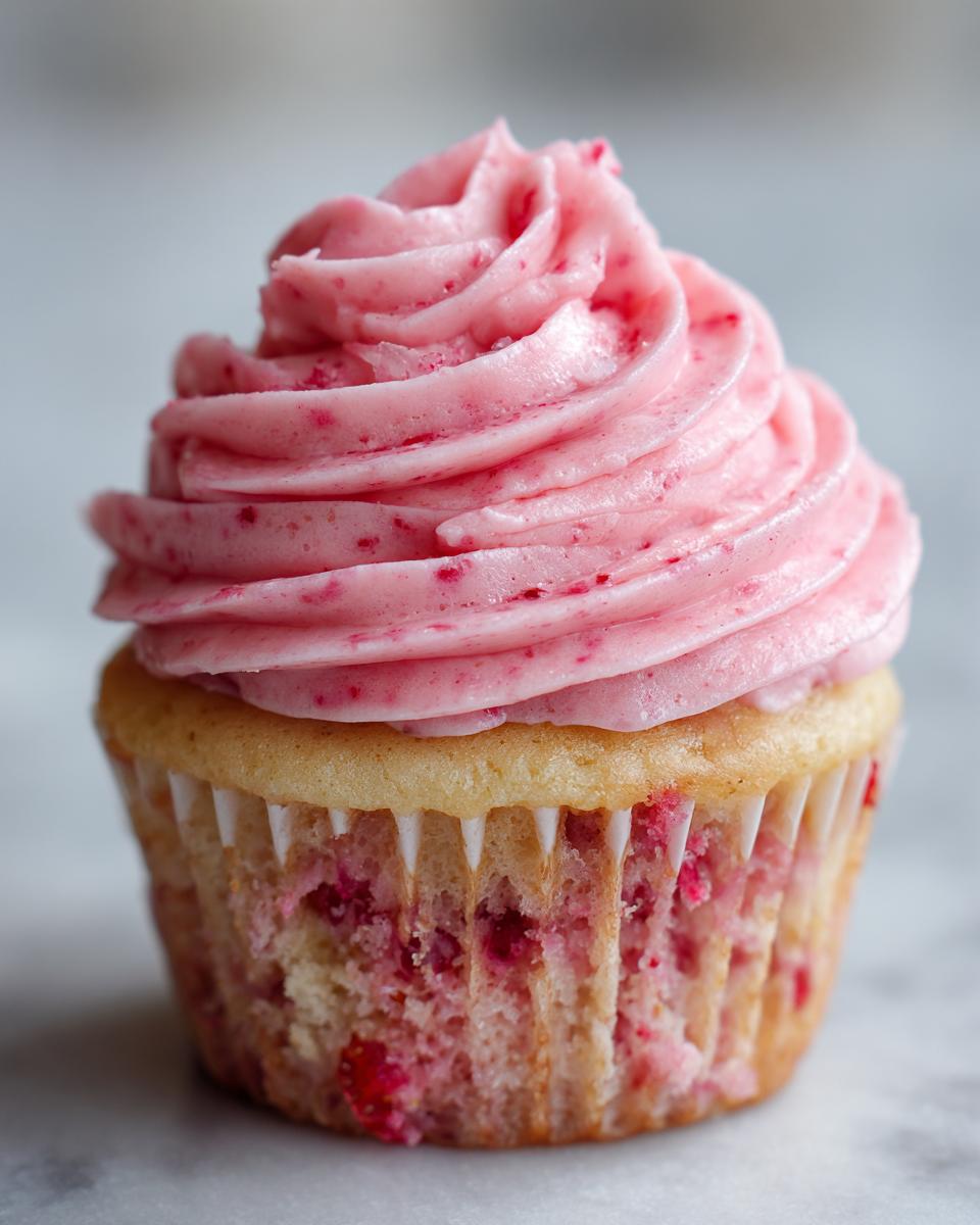 Close-up of a single, delicious strawberry cupcake featuring a vanilla cake base studded with berries and topped with vibrant pink strawberry frosting.