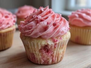 A close-up of a moist strawberry cupcake topped with swirled pink strawberry frosting and strawberry pieces.