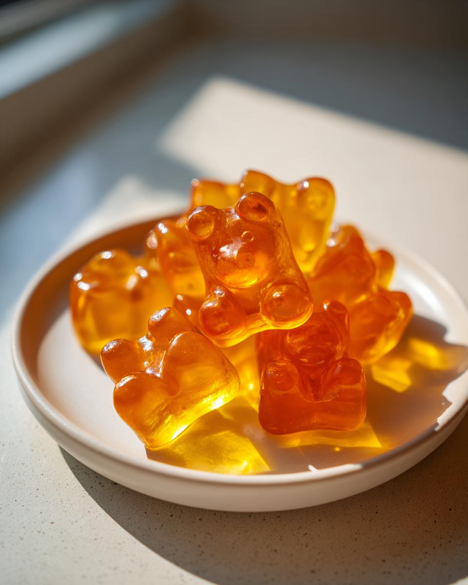 A small pile of translucent, amber-colored honey gummy bear candies sitting on a light-colored plate.