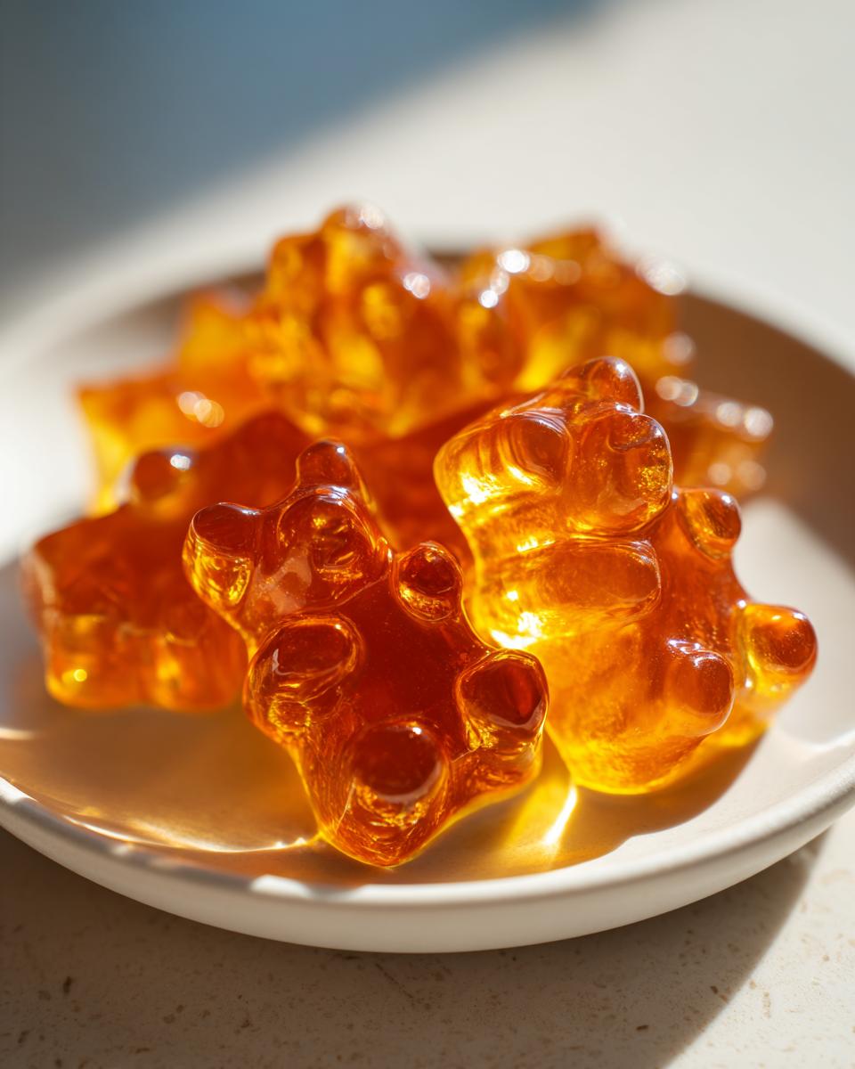 Close-up of several translucent, amber-colored Honey Gummy Bear candies resting on a small white plate.