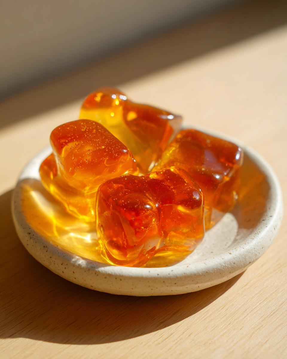 Close-up of several amber-colored, translucent Honey Gummy Bear candies resting on a small, speckled ceramic dish.