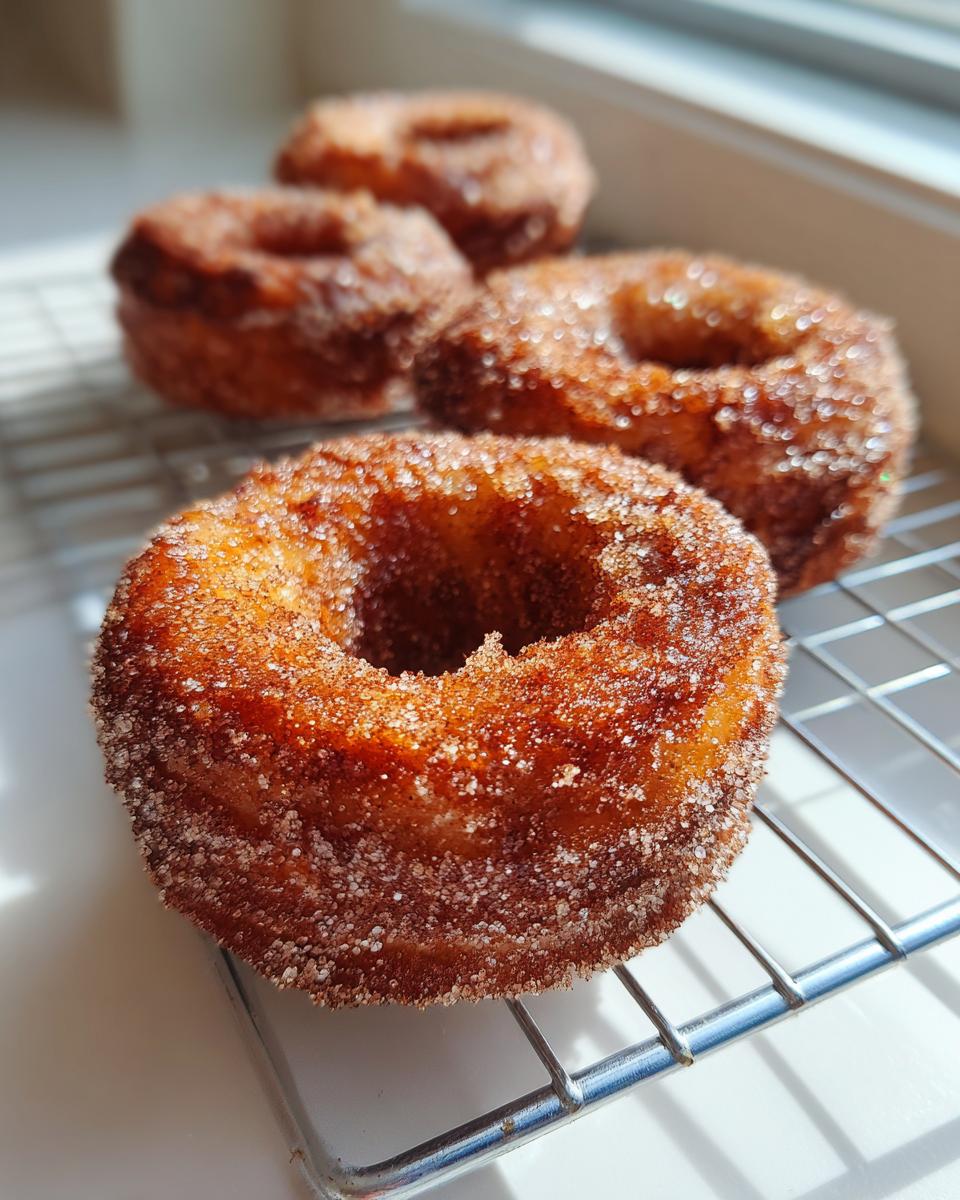 Close-up of three cinnamon sugar Applesauce donuts cooling on a wire rack, brightly lit by sunlight.