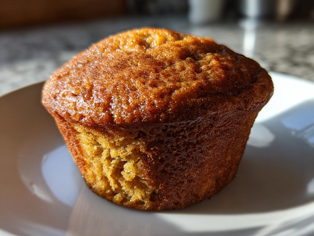 A golden brown, freshly baked applesauce muffin sitting on a white plate, highlighted by sunlight.