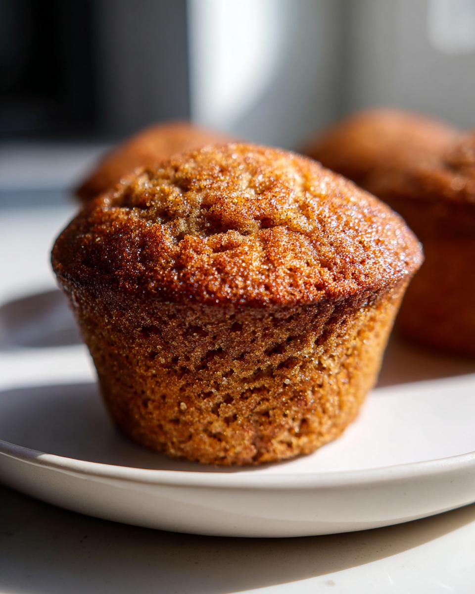 Close-up of a golden brown, sugary topped Applesauce Muffin sitting on a white plate.