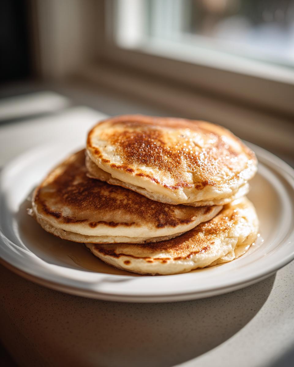 A close-up of a stack of three golden brown Applesauce pancakes drizzled with syrup, sitting on a white plate near a window.