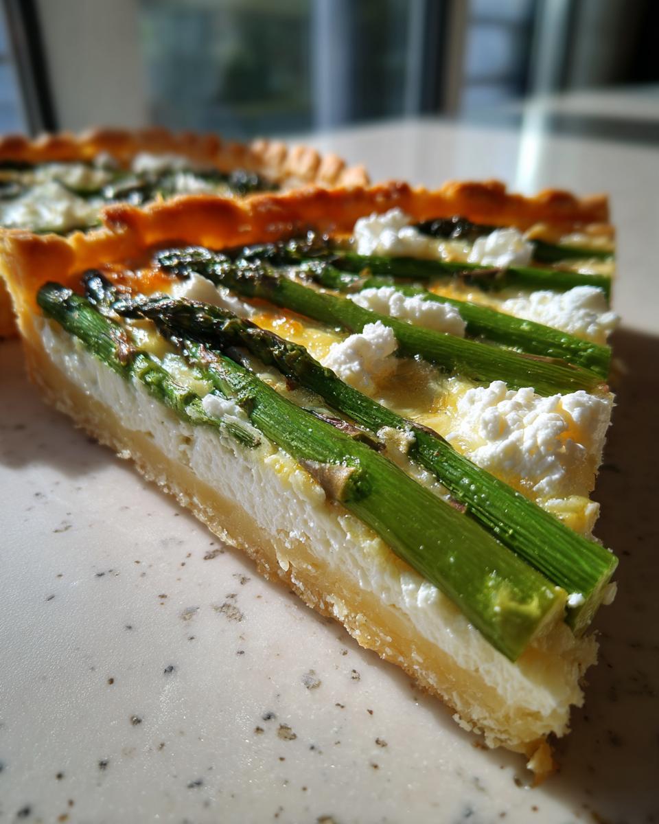 Close-up of a thick slice of Asparagus goat cheese tart showing bright green asparagus spears and creamy white goat cheese filling.