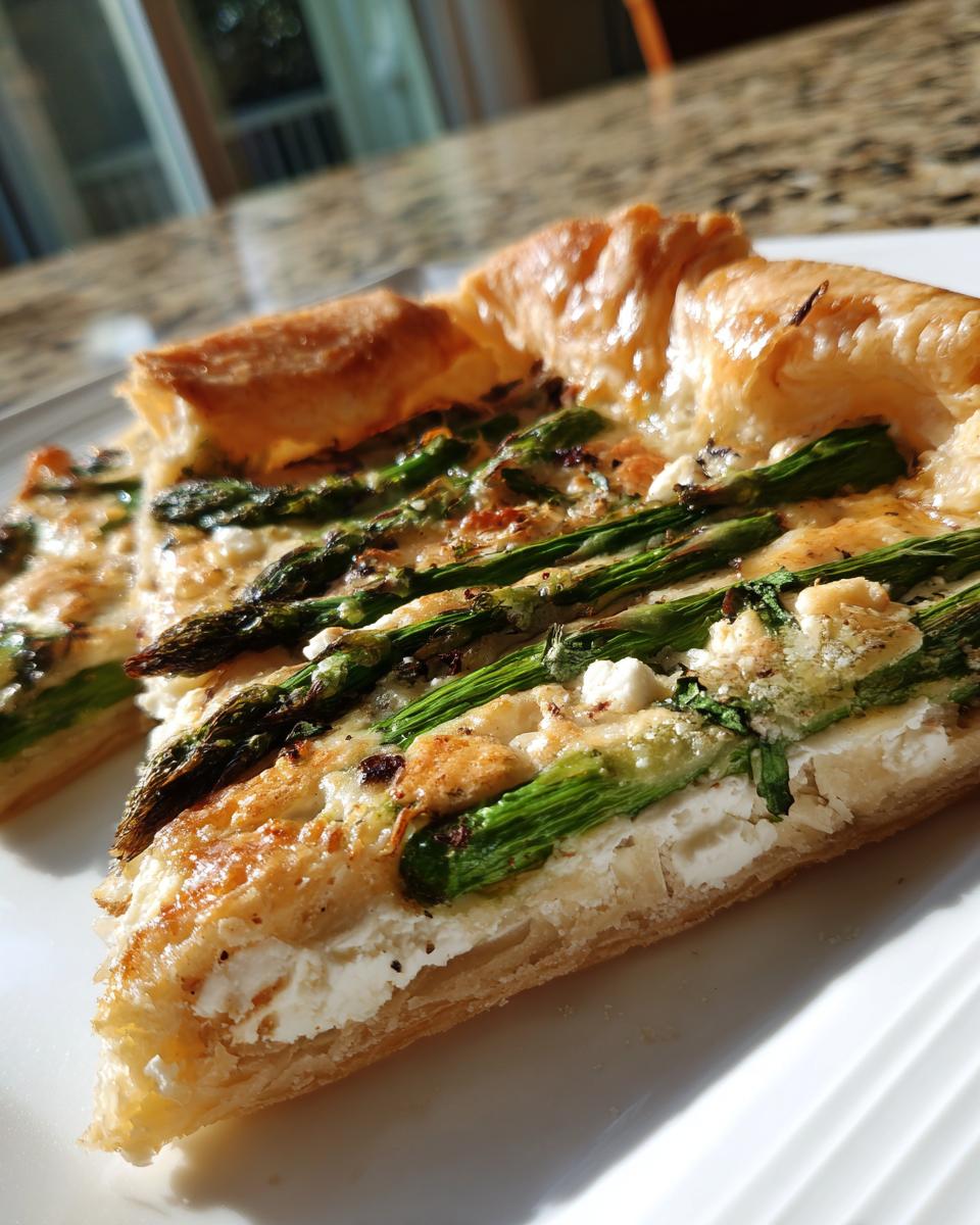 Close-up of a flaky slice of Asparagus goat cheese tart featuring bright green asparagus spears and creamy white goat cheese.