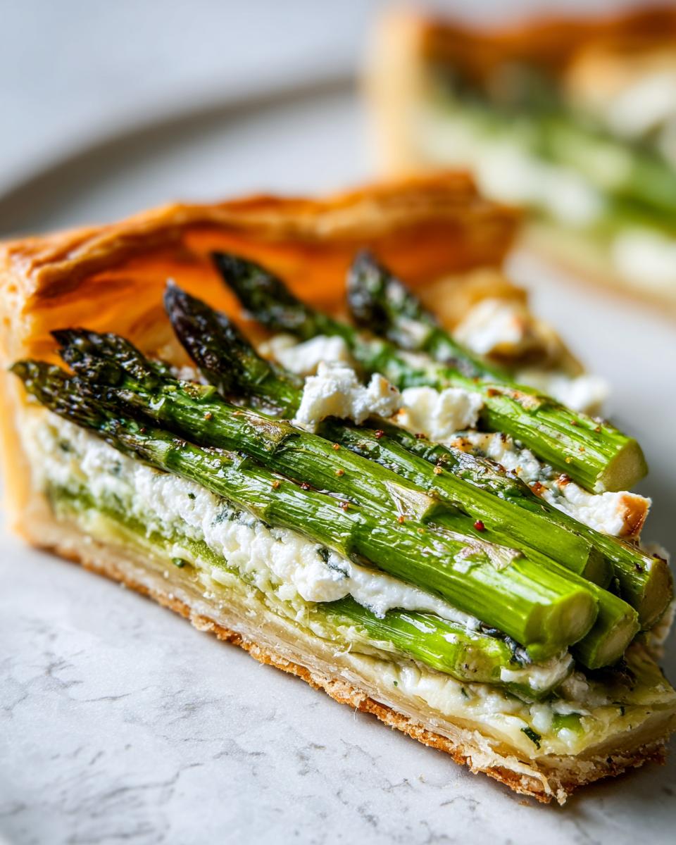 Close-up of a single slice of Asparagus goat cheese tart showing flaky crust, creamy filling, and bright green asparagus spears.
