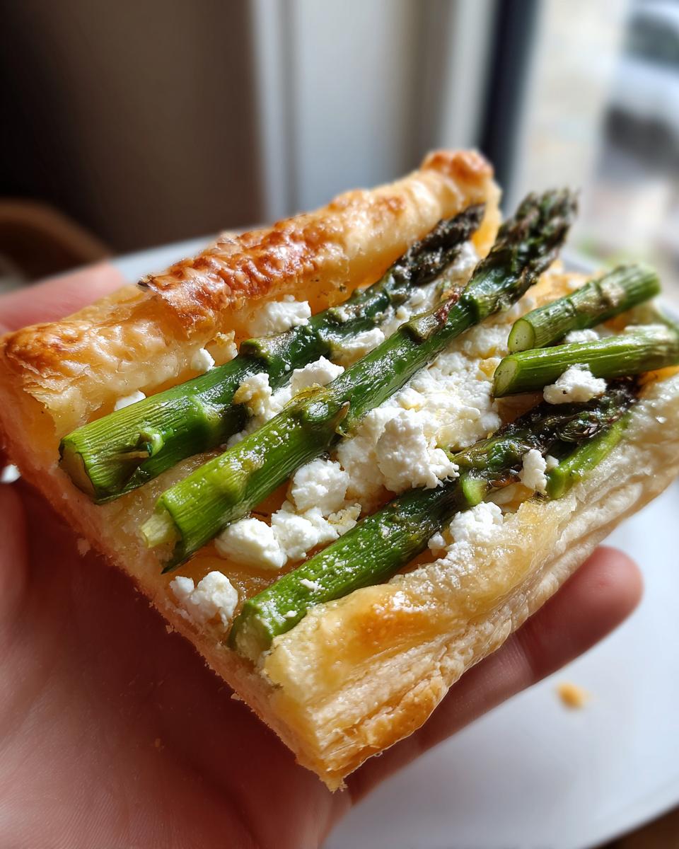 A close-up of a single serving slice of Asparagus goat cheese tart held in a hand, showing flaky pastry, bright green asparagus, and crumbled white cheese.