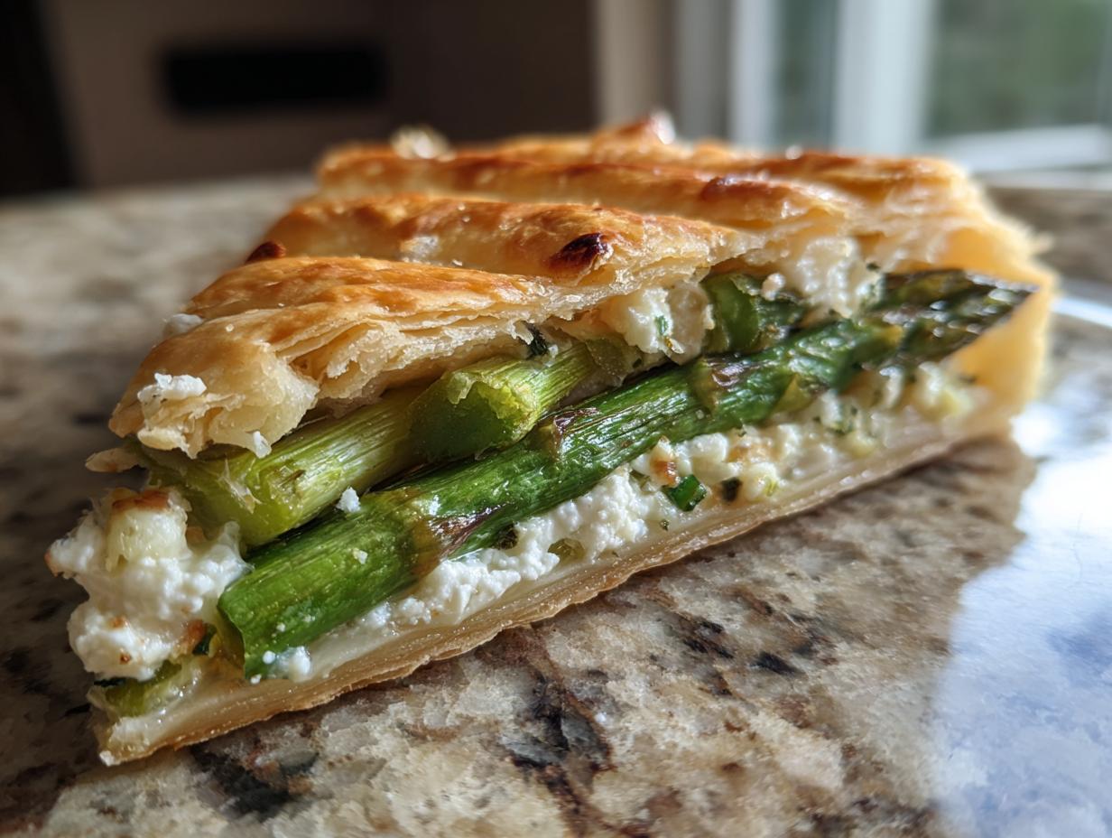 Close-up of a slice of Asparagus goat cheese tart showing layers of flaky pastry, bright green asparagus, and creamy white goat cheese filling.