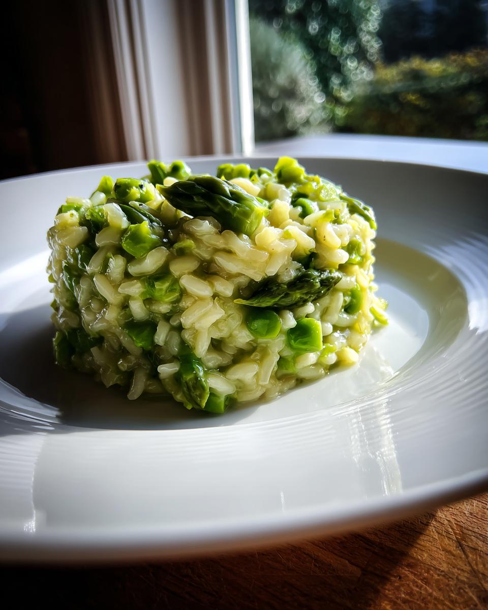 A molded serving of creamy, bright green asparagus risotto on a white plate near a window.