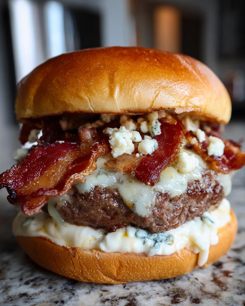 A juicy Bacon Blue Cheese Burger stacked high on a brioche bun with melted cheese and blue cheese crumbles.