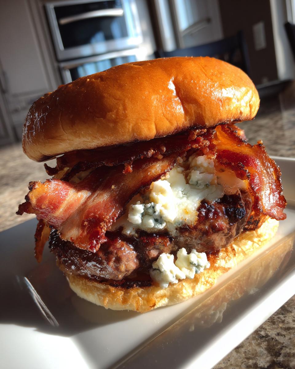 A tall, juicy Bacon Blue Cheese Burger stacked high with crispy bacon and crumbles of blue cheese on a toasted brioche bun.