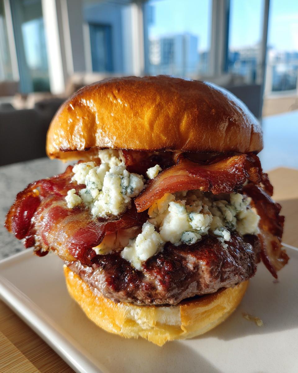 A tall Bacon blue cheese burger featuring a thick patty, crispy bacon, and crumbled blue cheese on a toasted brioche bun.