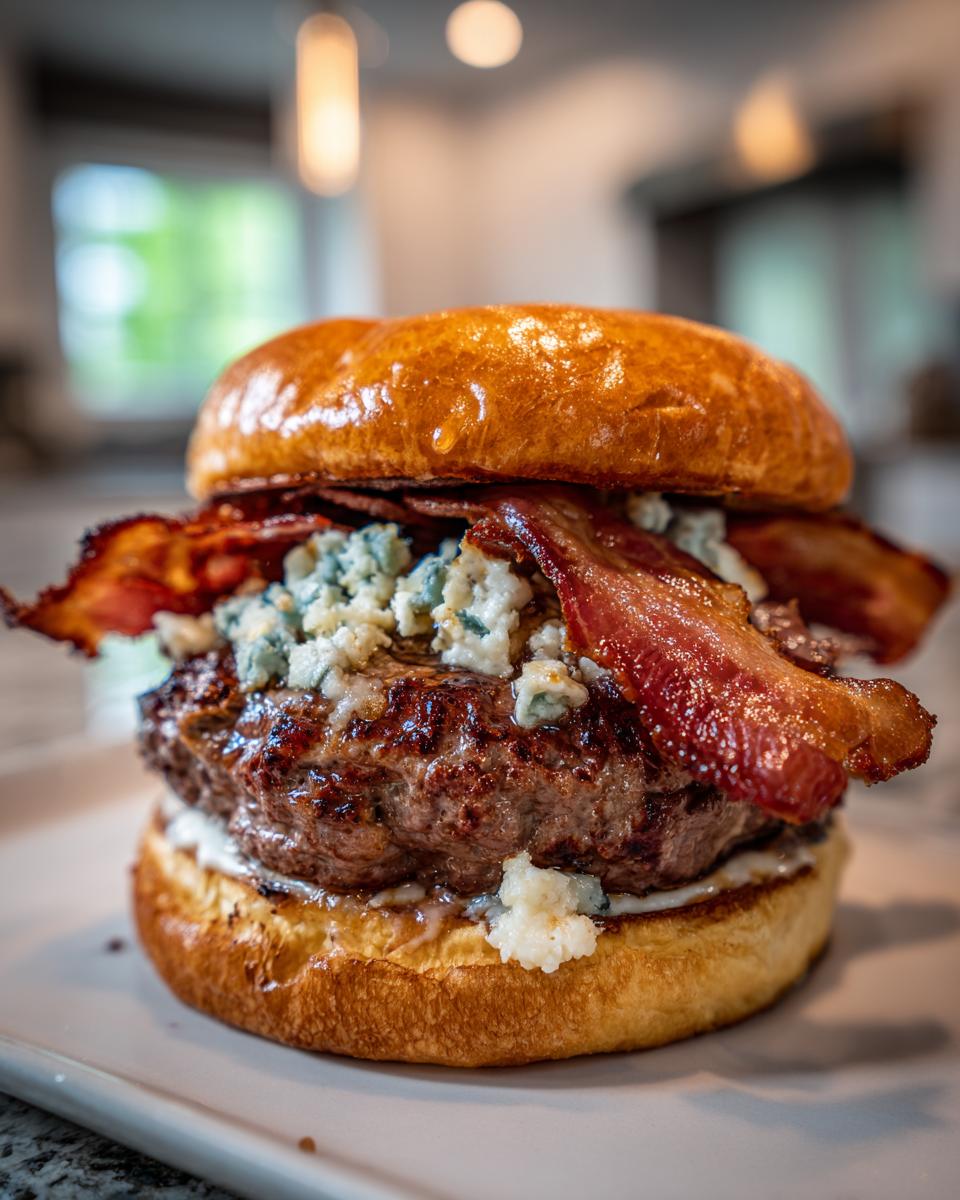 Close-up of a juicy Bacon Blue Cheese Burger topped with crumbled blue cheese and crispy bacon on a brioche bun.
