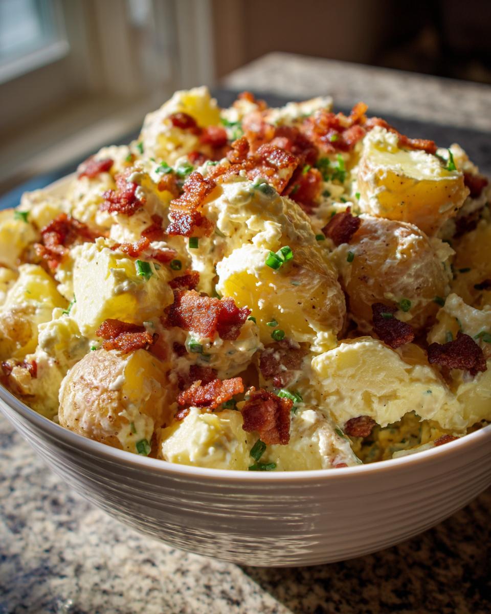 A close-up of a white bowl filled with creamy Bacon Ranch Potato Salad topped generously with crispy bacon bits and chives.