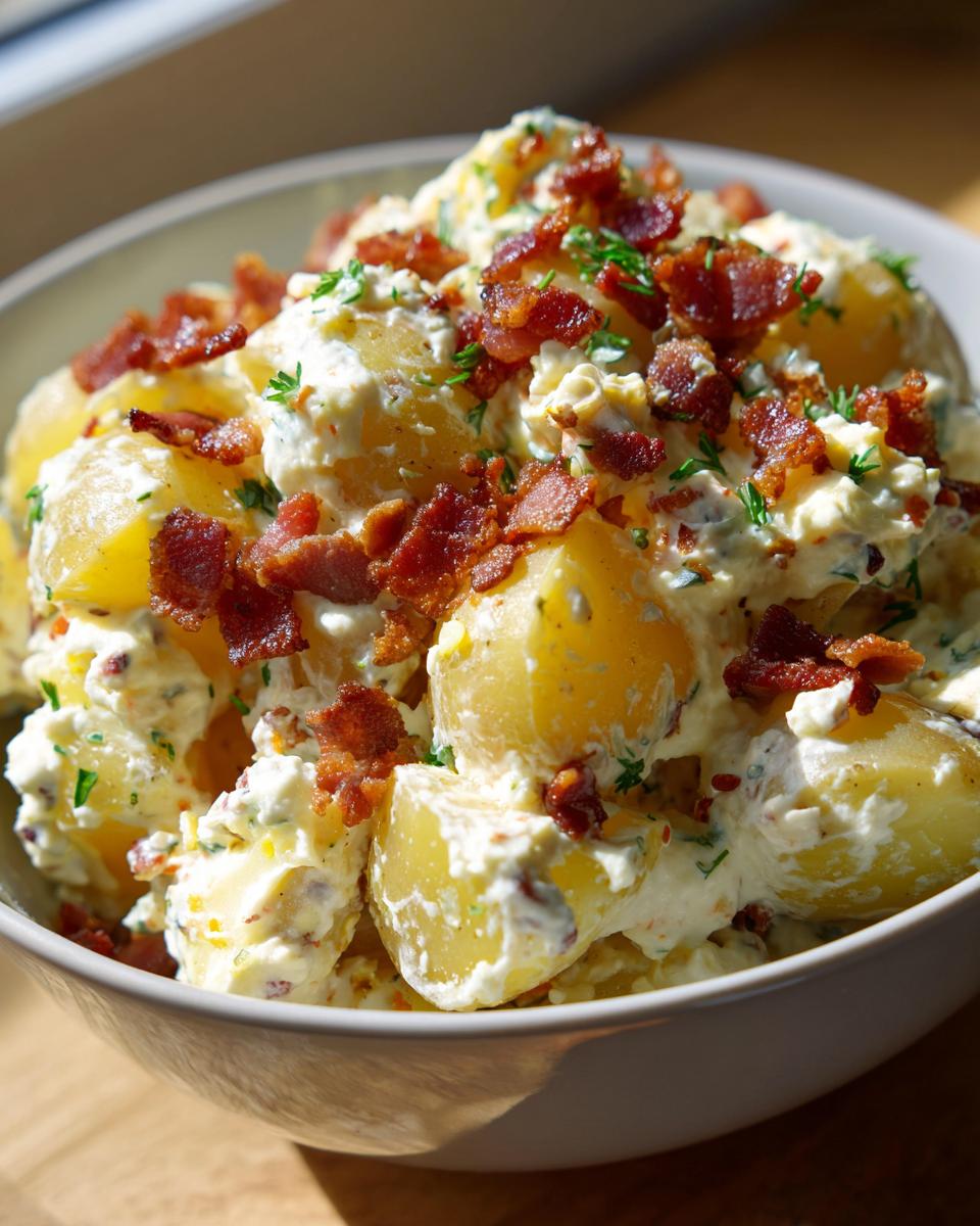 Close-up of creamy Bacon Ranch Potato Salad topped generously with crispy bacon bits and fresh parsley.