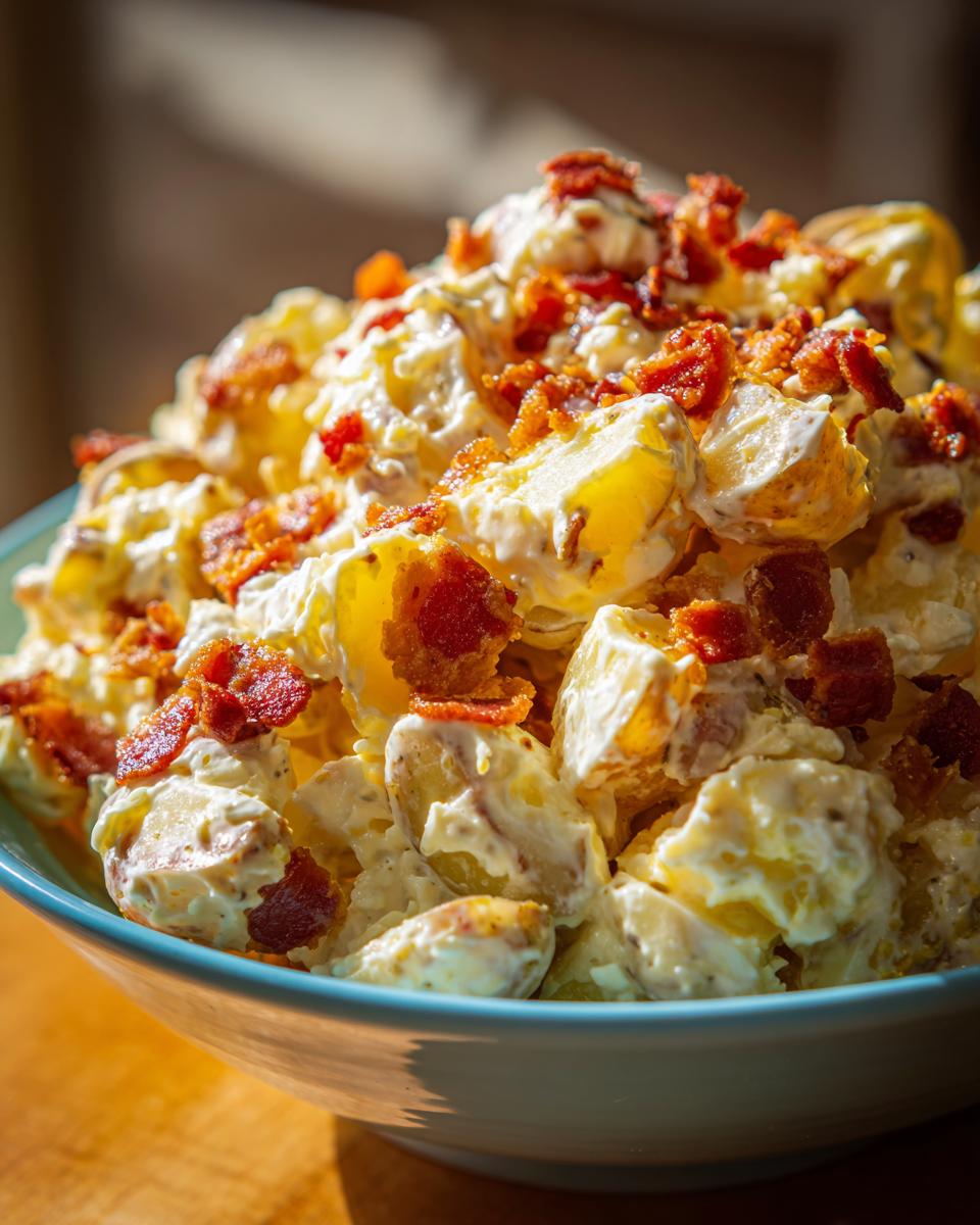 Close-up of creamy Bacon Ranch Potato Salad loaded with chunks of potato and topped with crispy bacon bits.