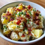 A close-up view of creamy Bacon ranch potato salad topped generously with crispy bacon bits and fresh parsley.